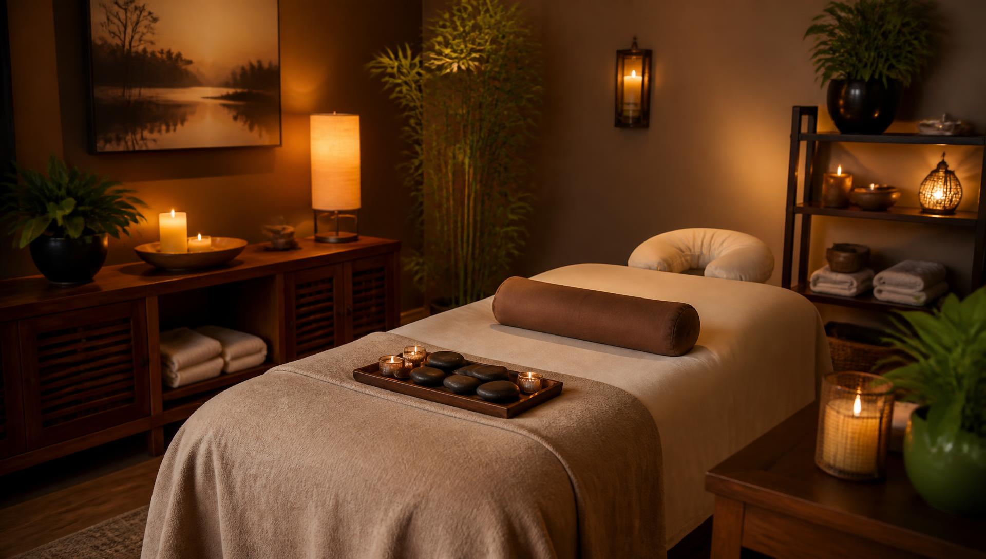 Sala de atendimento de massoterapia com luz quente